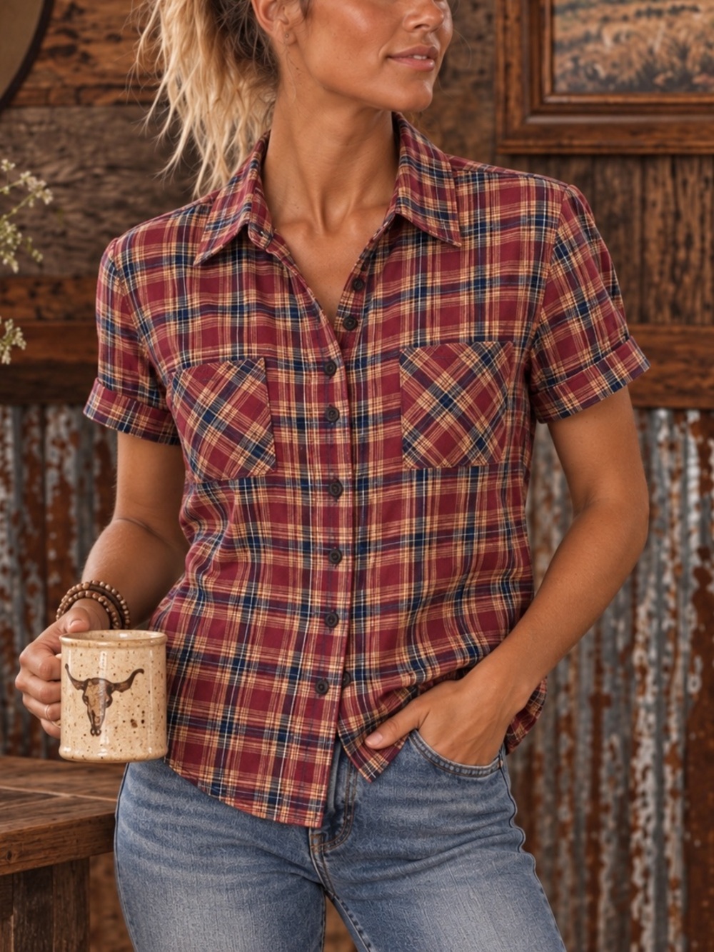 Allegra K 100% Cotton Plaid Short Sleeve Camp Shirt Size Large
